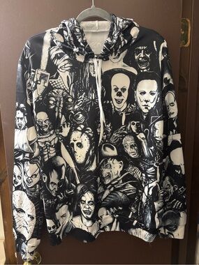 Source Unknown Black & White Horror Character Print Hoodie Jacket